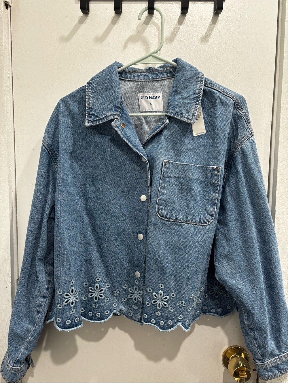 Old Navy Light Blue Denim Jacket with Embroidered Scallop Hem